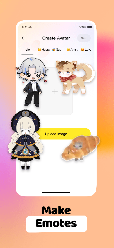 Make emotes: give your avatar happy, sad, angry, and love expressions