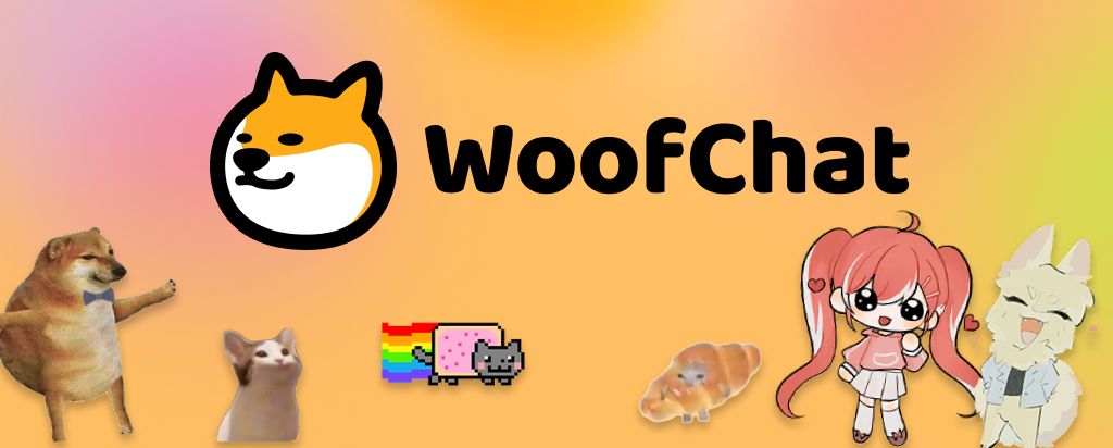 WoofChat banner: the shiba logo surrounded by a crowd of player avatars